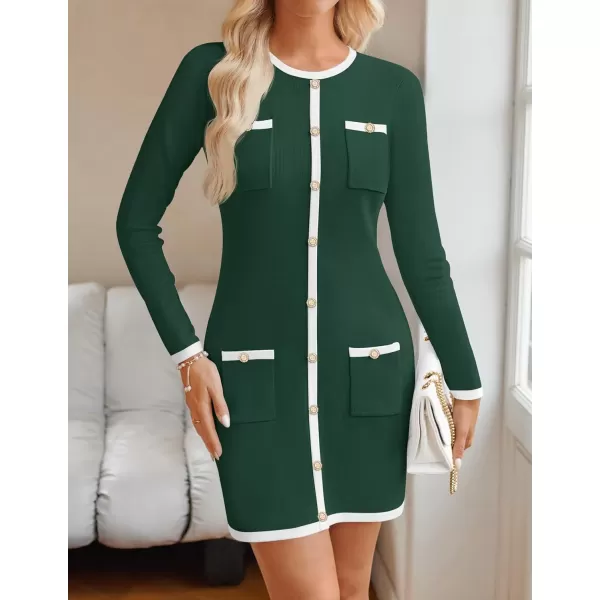 ZESICA Fall Dresses for Women 2024 Long Sleeve Button Color Block Knit Bodycon Short Sweater Dresses with PocketsGreen