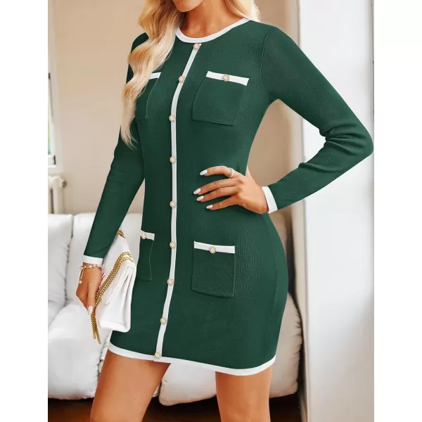 ZESICA Fall Dresses for Women 2024 Long Sleeve Button Color Block Knit Bodycon Short Sweater Dresses with PocketsGreen