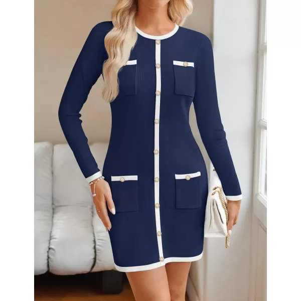 ZESICA Fall Dresses for Women 2024 Long Sleeve Button Color Block Knit Bodycon Short Sweater Dresses with PocketsNavy