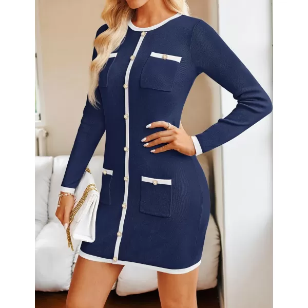 ZESICA Fall Dresses for Women 2024 Long Sleeve Button Color Block Knit Bodycon Short Sweater Dresses with PocketsNavy