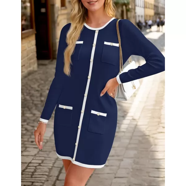 ZESICA Fall Dresses for Women 2024 Long Sleeve Button Color Block Knit Bodycon Short Sweater Dresses with PocketsNavy