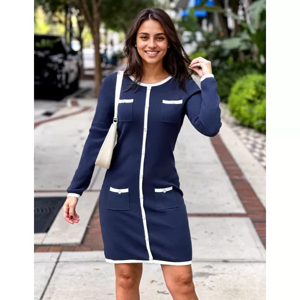 ZESICA Fall Dresses for Women 2024 Long Sleeve Button Color Block Knit Bodycon Short Sweater Dresses with PocketsNavy