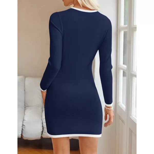 ZESICA Fall Dresses for Women 2024 Long Sleeve Button Color Block Knit Bodycon Short Sweater Dresses with PocketsNavy