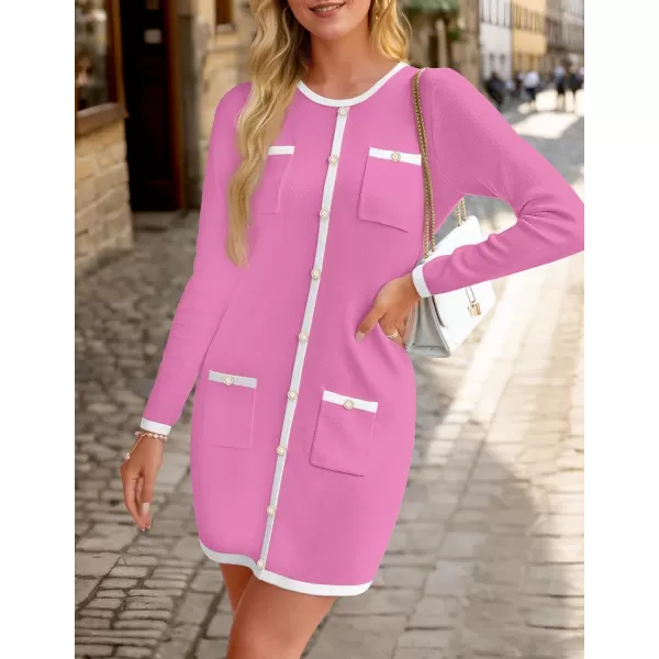 ZESICA Fall Dresses for Women 2024 Long Sleeve Button Color Block Knit Bodycon Short Sweater Dresses with PocketsPink