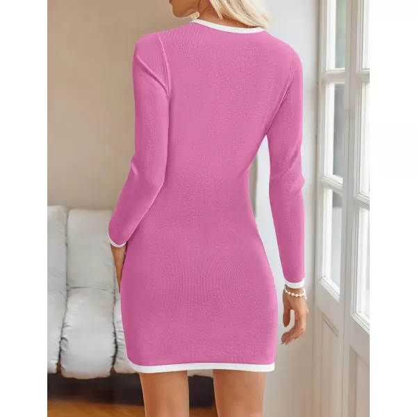 ZESICA Fall Dresses for Women 2024 Long Sleeve Button Color Block Knit Bodycon Short Sweater Dresses with PocketsPink