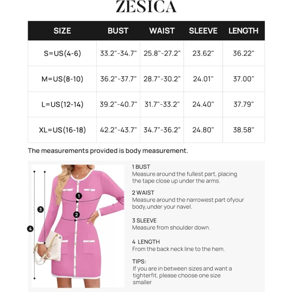 ZESICA Fall Dresses for Women 2024 Long Sleeve Button Color Block Knit Bodycon Short Sweater Dresses with PocketsPink