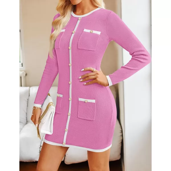 ZESICA Fall Dresses for Women 2024 Long Sleeve Button Color Block Knit Bodycon Short Sweater Dresses with PocketsPink