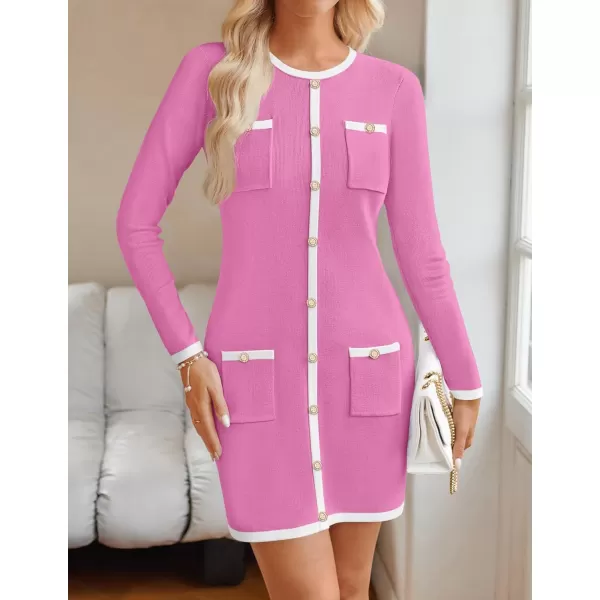 ZESICA Fall Dresses for Women 2024 Long Sleeve Button Color Block Knit Bodycon Short Sweater Dresses with PocketsPink