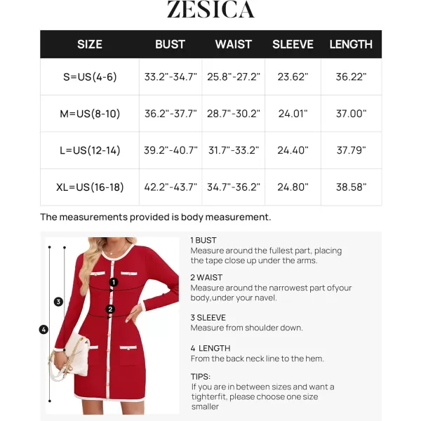 ZESICA Fall Dresses for Women 2024 Long Sleeve Button Color Block Knit Bodycon Short Sweater Dresses with PocketsRed