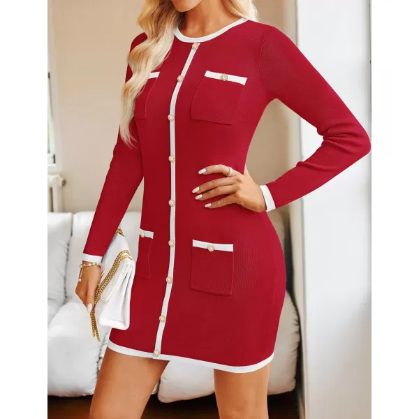 ZESICA Fall Dresses for Women 2024 Long Sleeve Button Color Block Knit Bodycon Short Sweater Dresses with PocketsRed