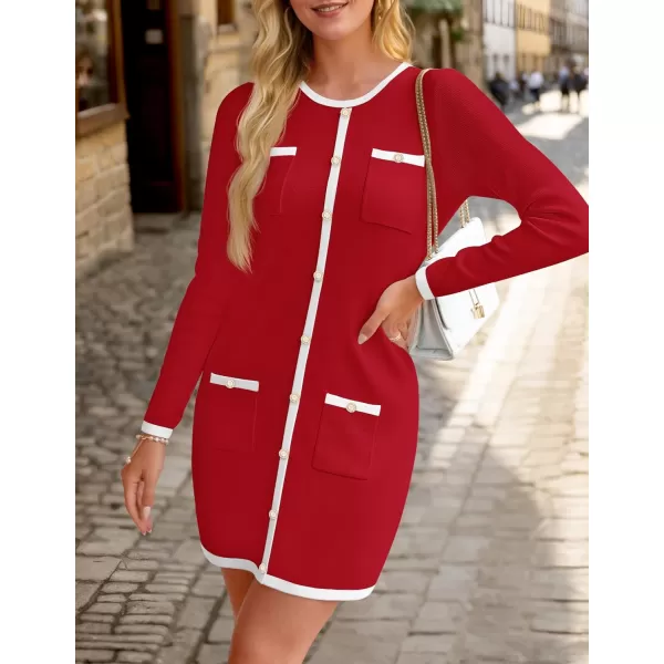 ZESICA Fall Dresses for Women 2024 Long Sleeve Button Color Block Knit Bodycon Short Sweater Dresses with PocketsRed