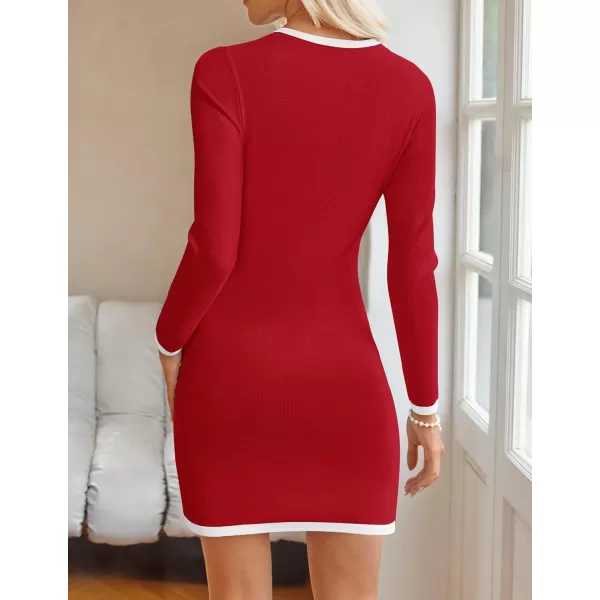 ZESICA Fall Dresses for Women 2024 Long Sleeve Button Color Block Knit Bodycon Short Sweater Dresses with PocketsRed