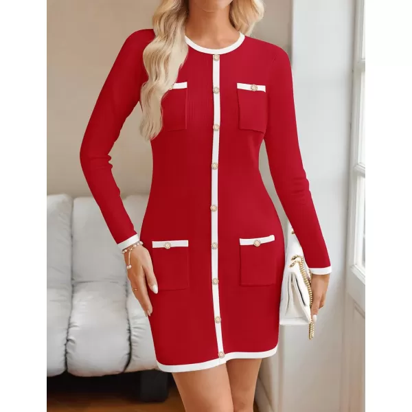 ZESICA Fall Dresses for Women 2024 Long Sleeve Button Color Block Knit Bodycon Short Sweater Dresses with PocketsRed