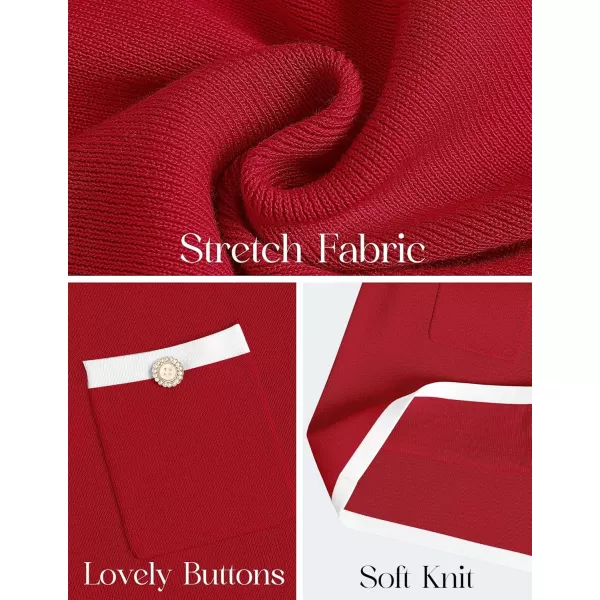 ZESICA Fall Dresses for Women 2024 Long Sleeve Button Color Block Knit Bodycon Short Sweater Dresses with PocketsRed