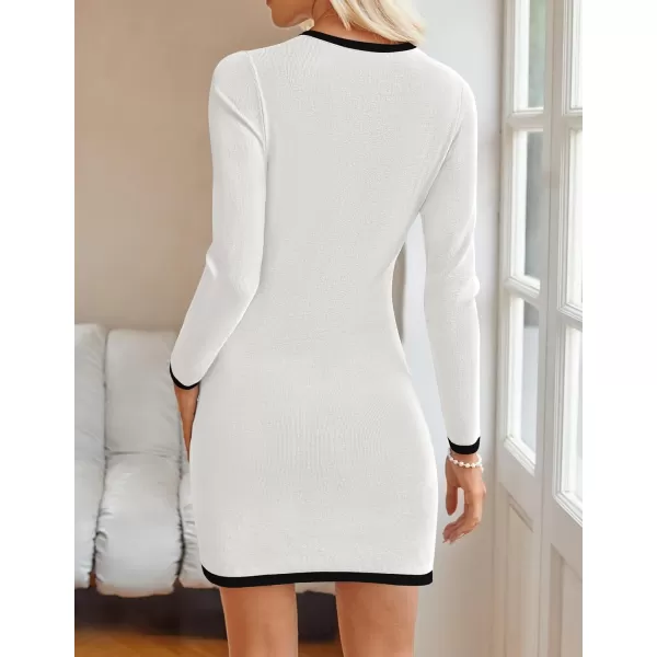 ZESICA Fall Dresses for Women 2024 Long Sleeve Button Color Block Knit Bodycon Short Sweater Dresses with PocketsWhite
