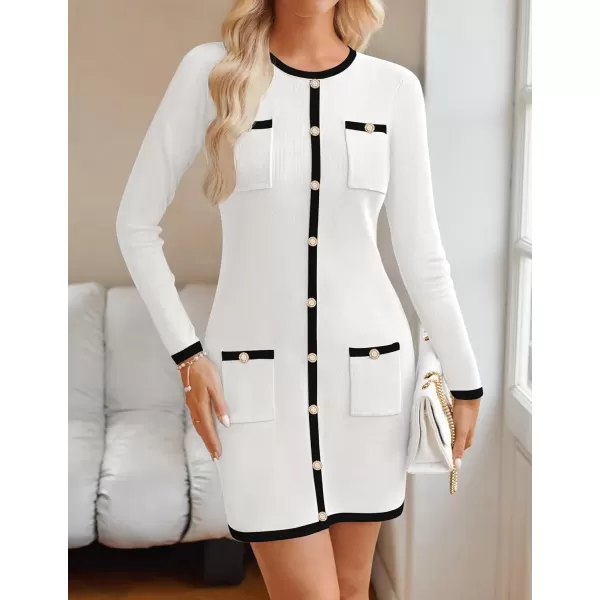 ZESICA Fall Dresses for Women 2024 Long Sleeve Button Color Block Knit Bodycon Short Sweater Dresses with PocketsWhite