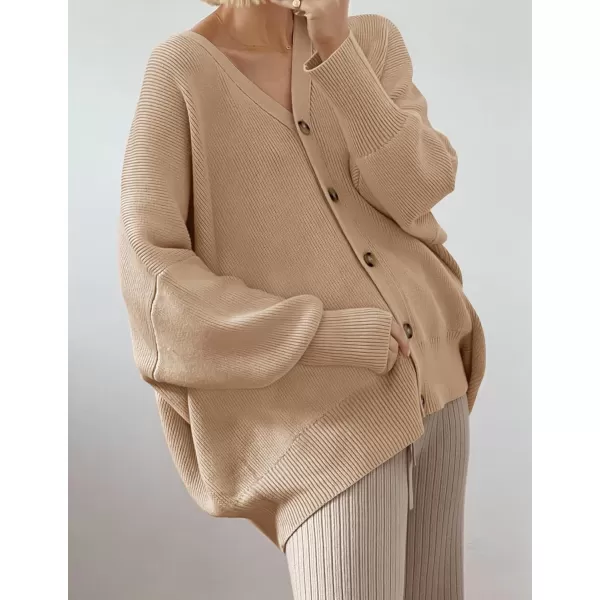 ZESICA Womens 2024 Casual Long Sleeve Cardigan V Neck Button Down Open Front Knit Loose Oversized Sweater CoatKhaki