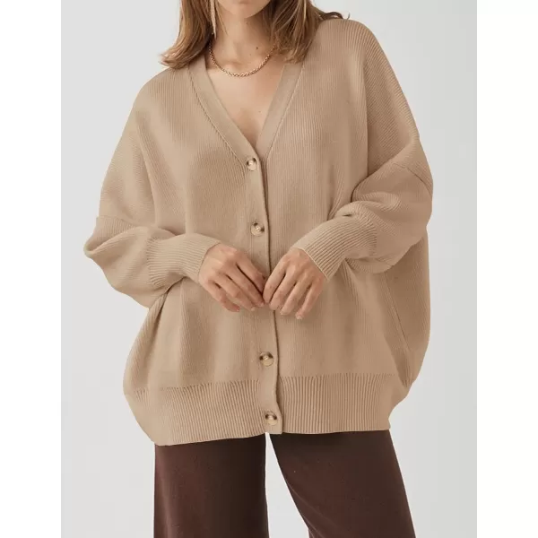 ZESICA Womens 2024 Casual Long Sleeve Cardigan V Neck Button Down Open Front Knit Loose Oversized Sweater CoatKhaki