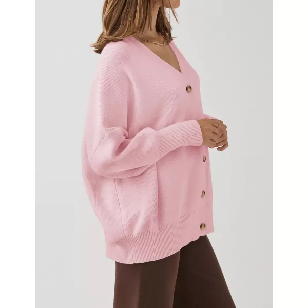 ZESICA Womens 2024 Casual Long Sleeve Cardigan V Neck Button Down Open Front Knit Loose Oversized Sweater CoatPink