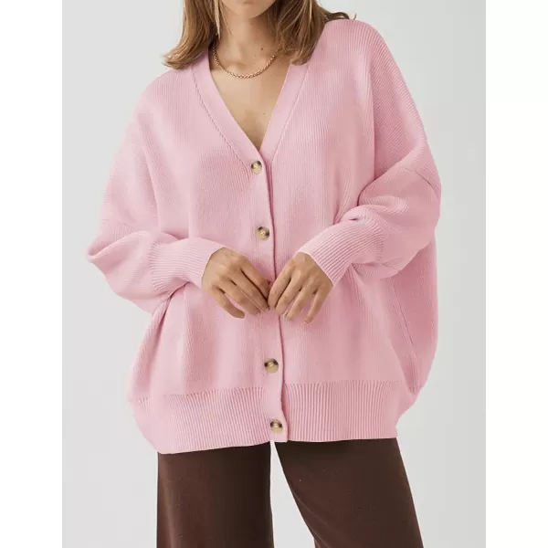 ZESICA Womens 2024 Casual Long Sleeve Cardigan V Neck Button Down Open Front Knit Loose Oversized Sweater CoatPink
