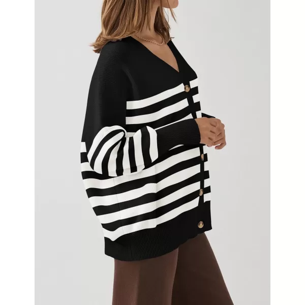 ZESICA Womens 2024 Casual Long Sleeve Cardigan V Neck Button Down Open Front Knit Loose Oversized Sweater CoatStriped