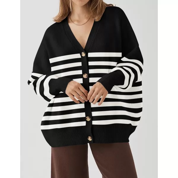 ZESICA Womens 2024 Casual Long Sleeve Cardigan V Neck Button Down Open Front Knit Loose Oversized Sweater CoatStriped