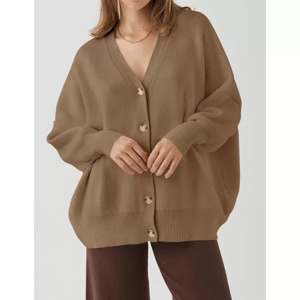ZESICA Womens 2024 Casual Long Sleeve Cardigan V Neck Button Down Open Front Knit Loose Oversized Sweater CoatTan