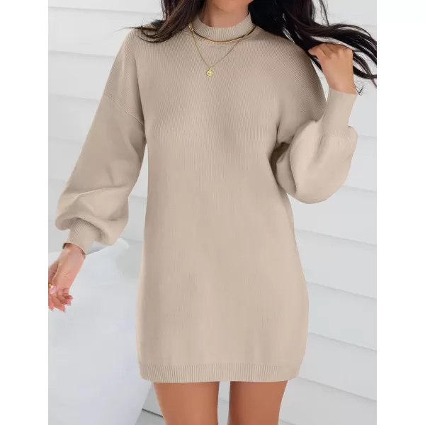 ZESICA Womens 2024 Fall Turtleneck Sweaters Dress Oversized Long Lantern Sleeve Casual Knit Pullover Short DressesAlmond