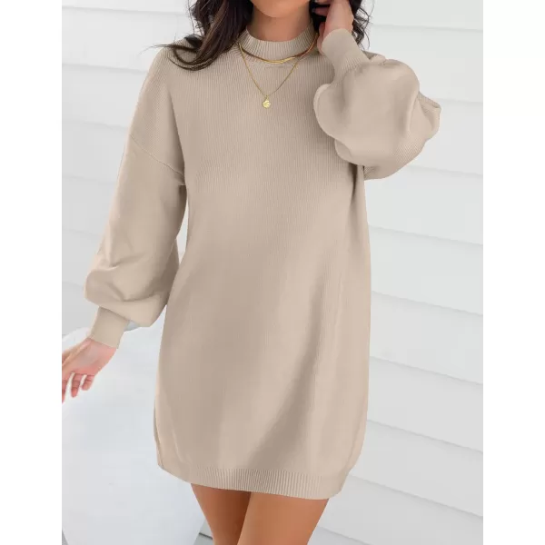 ZESICA Womens 2024 Fall Turtleneck Sweaters Dress Oversized Long Lantern Sleeve Casual Knit Pullover Short DressesAlmond