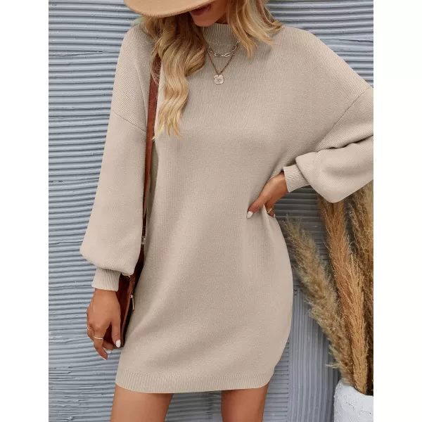 ZESICA Womens 2024 Fall Turtleneck Sweaters Dress Oversized Long Lantern Sleeve Casual Knit Pullover Short DressesAlmond