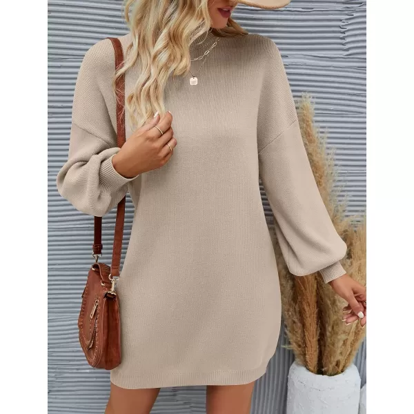 ZESICA Womens 2024 Fall Turtleneck Sweaters Dress Oversized Long Lantern Sleeve Casual Knit Pullover Short DressesAlmond