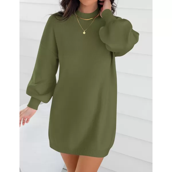 ZESICA Womens 2024 Fall Turtleneck Sweaters Dress Oversized Long Lantern Sleeve Casual Knit Pullover Short DressesArmygreen