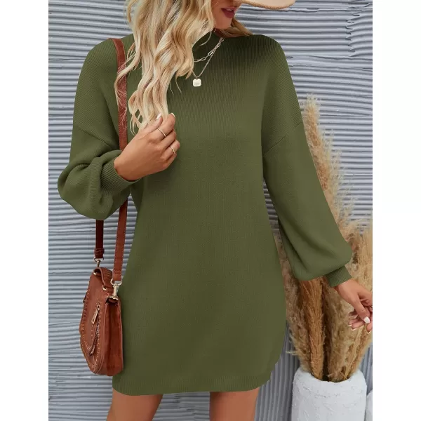 ZESICA Womens 2024 Fall Turtleneck Sweaters Dress Oversized Long Lantern Sleeve Casual Knit Pullover Short DressesArmygreen