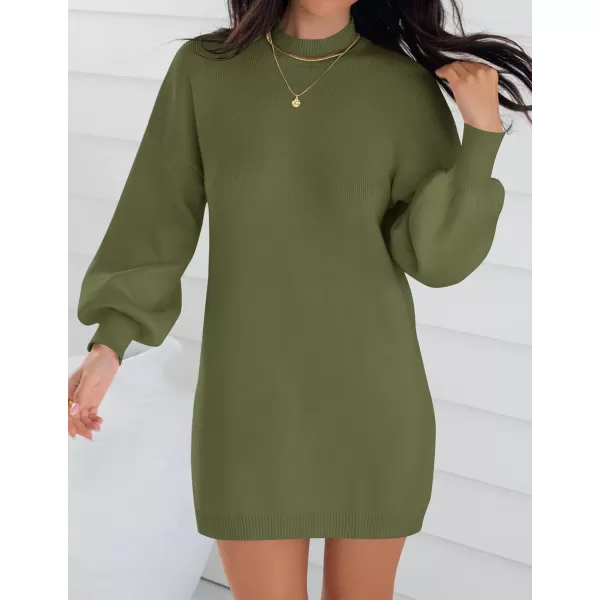 ZESICA Womens 2024 Fall Turtleneck Sweaters Dress Oversized Long Lantern Sleeve Casual Knit Pullover Short DressesArmygreen
