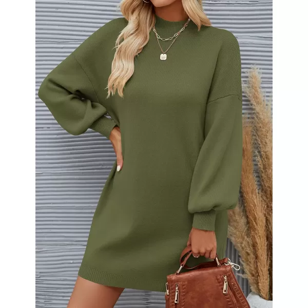 ZESICA Womens 2024 Fall Turtleneck Sweaters Dress Oversized Long Lantern Sleeve Casual Knit Pullover Short DressesArmygreen
