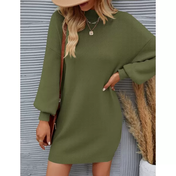 ZESICA Womens 2024 Fall Turtleneck Sweaters Dress Oversized Long Lantern Sleeve Casual Knit Pullover Short DressesArmygreen