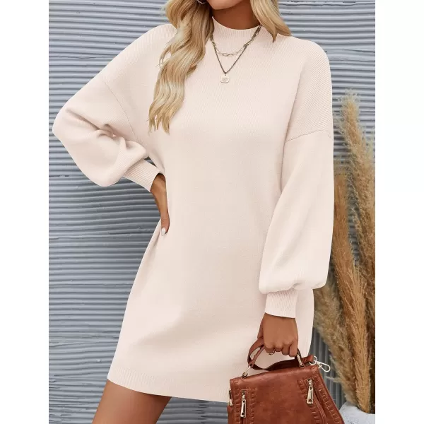 ZESICA Womens 2024 Fall Turtleneck Sweaters Dress Oversized Long Lantern Sleeve Casual Knit Pullover Short DressesBeige