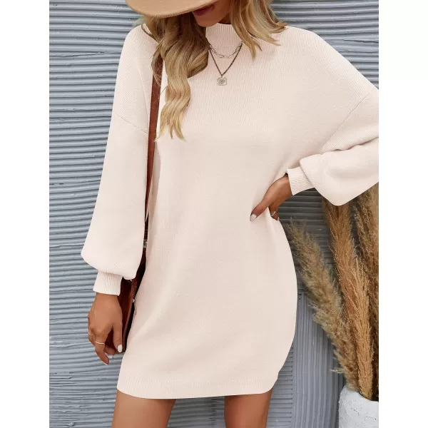 ZESICA Womens 2024 Fall Turtleneck Sweaters Dress Oversized Long Lantern Sleeve Casual Knit Pullover Short DressesBeige