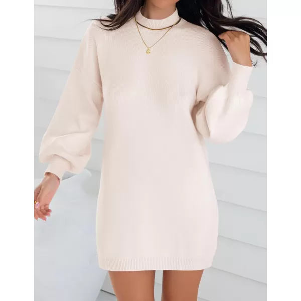 ZESICA Womens 2024 Fall Turtleneck Sweaters Dress Oversized Long Lantern Sleeve Casual Knit Pullover Short DressesBeige