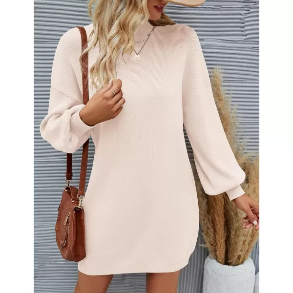 ZESICA Womens 2024 Fall Turtleneck Sweaters Dress Oversized Long Lantern Sleeve Casual Knit Pullover Short DressesBeige