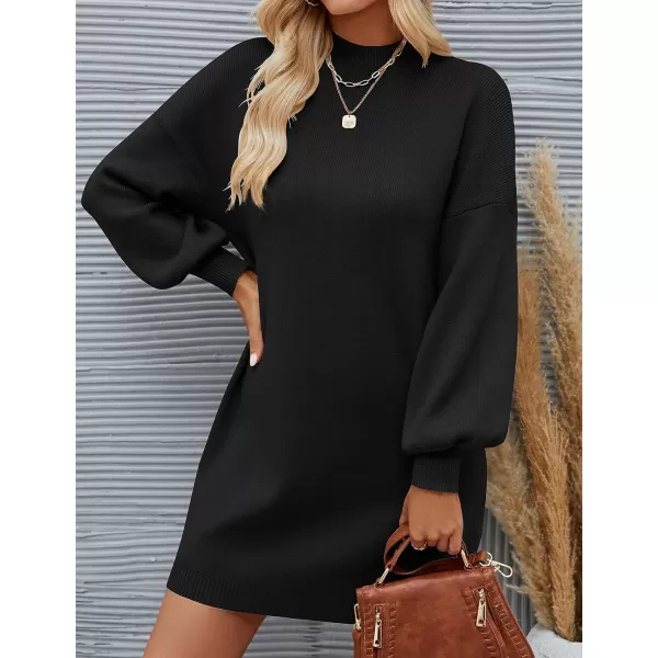 ZESICA Womens 2024 Fall Turtleneck Sweaters Dress Oversized Long Lantern Sleeve Casual Knit Pullover Short DressesBlack