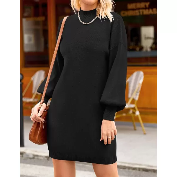 ZESICA Womens 2024 Fall Turtleneck Sweaters Dress Oversized Long Lantern Sleeve Casual Knit Pullover Short DressesBlack