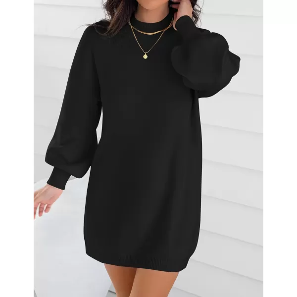 ZESICA Womens 2024 Fall Turtleneck Sweaters Dress Oversized Long Lantern Sleeve Casual Knit Pullover Short DressesBlack