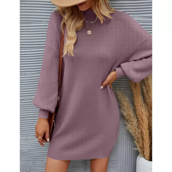 ZESICA Womens 2024 Fall Turtleneck Sweaters Dress Oversized Long Lantern Sleeve Casual Knit Pullover Short DressesDarkviolet