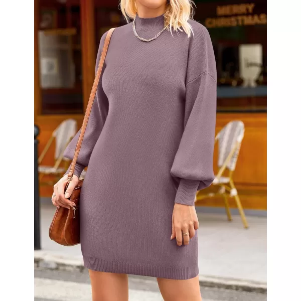 ZESICA Womens 2024 Fall Turtleneck Sweaters Dress Oversized Long Lantern Sleeve Casual Knit Pullover Short DressesDarkviolet