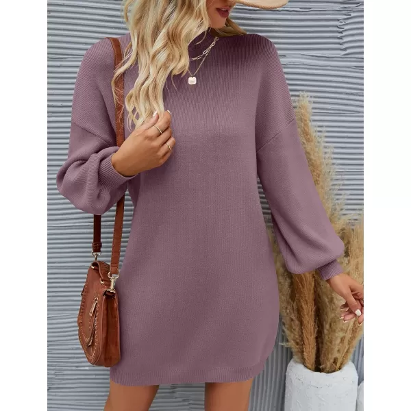 ZESICA Womens 2024 Fall Turtleneck Sweaters Dress Oversized Long Lantern Sleeve Casual Knit Pullover Short DressesDarkviolet