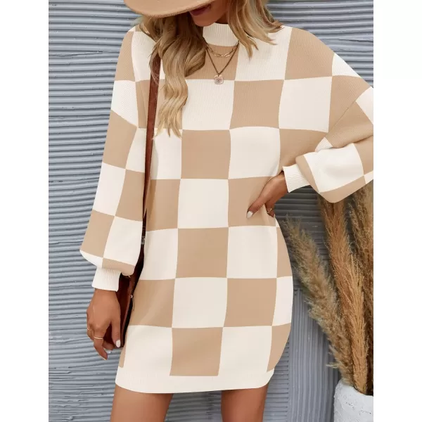 ZESICA Womens 2024 Fall Turtleneck Sweaters Dress Oversized Long Lantern Sleeve Casual Knit Pullover Short DressesKhaki