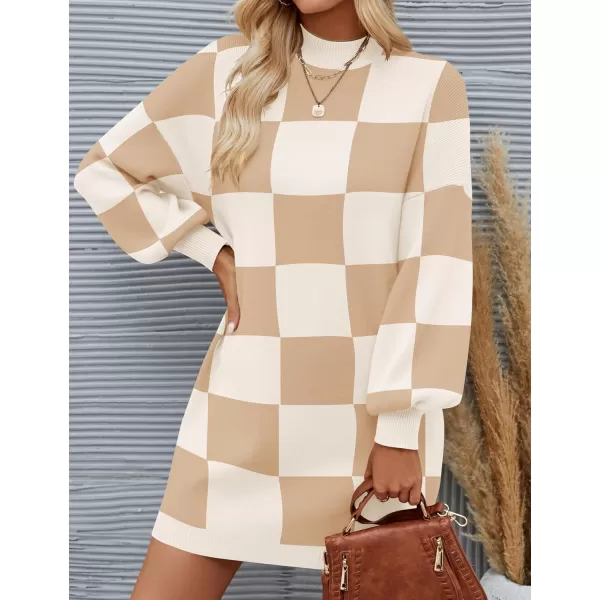ZESICA Womens 2024 Fall Turtleneck Sweaters Dress Oversized Long Lantern Sleeve Casual Knit Pullover Short DressesKhaki