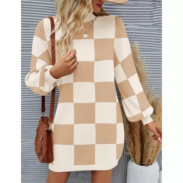 ZESICA Womens 2024 Fall Turtleneck Sweaters Dress Oversized Long Lantern Sleeve Casual Knit Pullover Short DressesKhaki