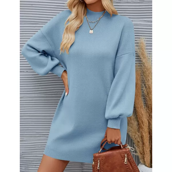 ZESICA Womens 2024 Fall Turtleneck Sweaters Dress Oversized Long Lantern Sleeve Casual Knit Pullover Short DressesLightblue